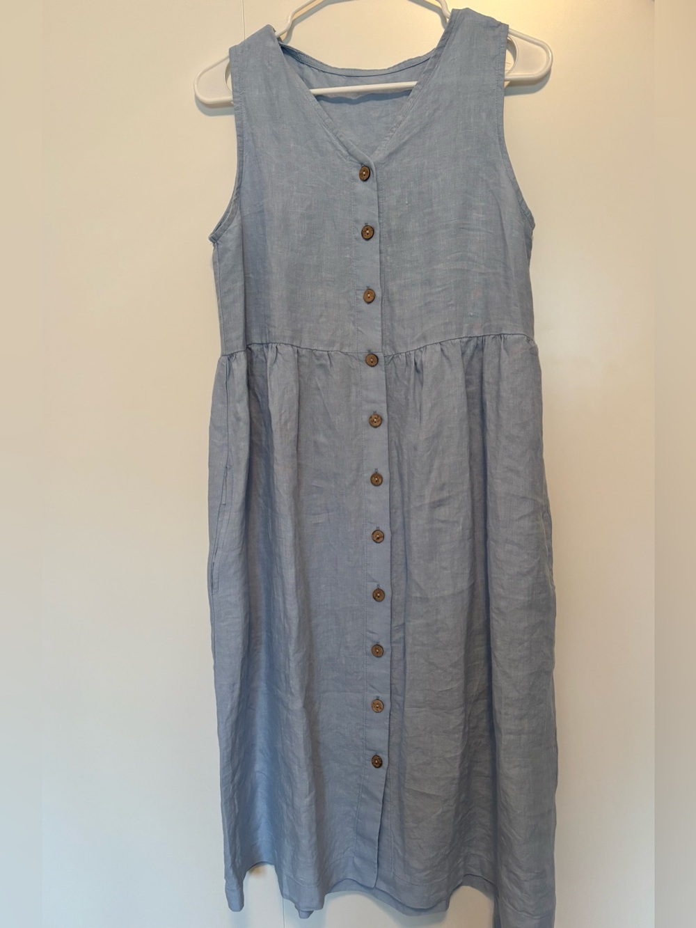 Sleeveless Light Blue Button-Front Midi Dress